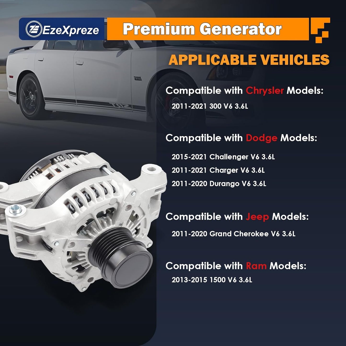 EzeXpreze Alternator Compatible with Chrysler 300 11-21 & Dodge Challenger 15-21, Charger, Durango & Jeep Grand Cherokee 11-20 & Ram 1500, 3.6L, 12V 180A CW 6-Groove Clutch Pulley, Replace# 4801778AF