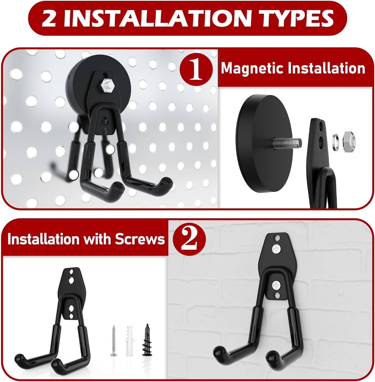 3-H Heavy Duty Magnet Garage Hooks 4 Pack, Large Strong Magnetic Hooks for Hanging Cordless Power Drill, Utility Magnetic Tool Holder for Metal Cabinet, Steel Pegboard, Toolbox, Garage(Black)