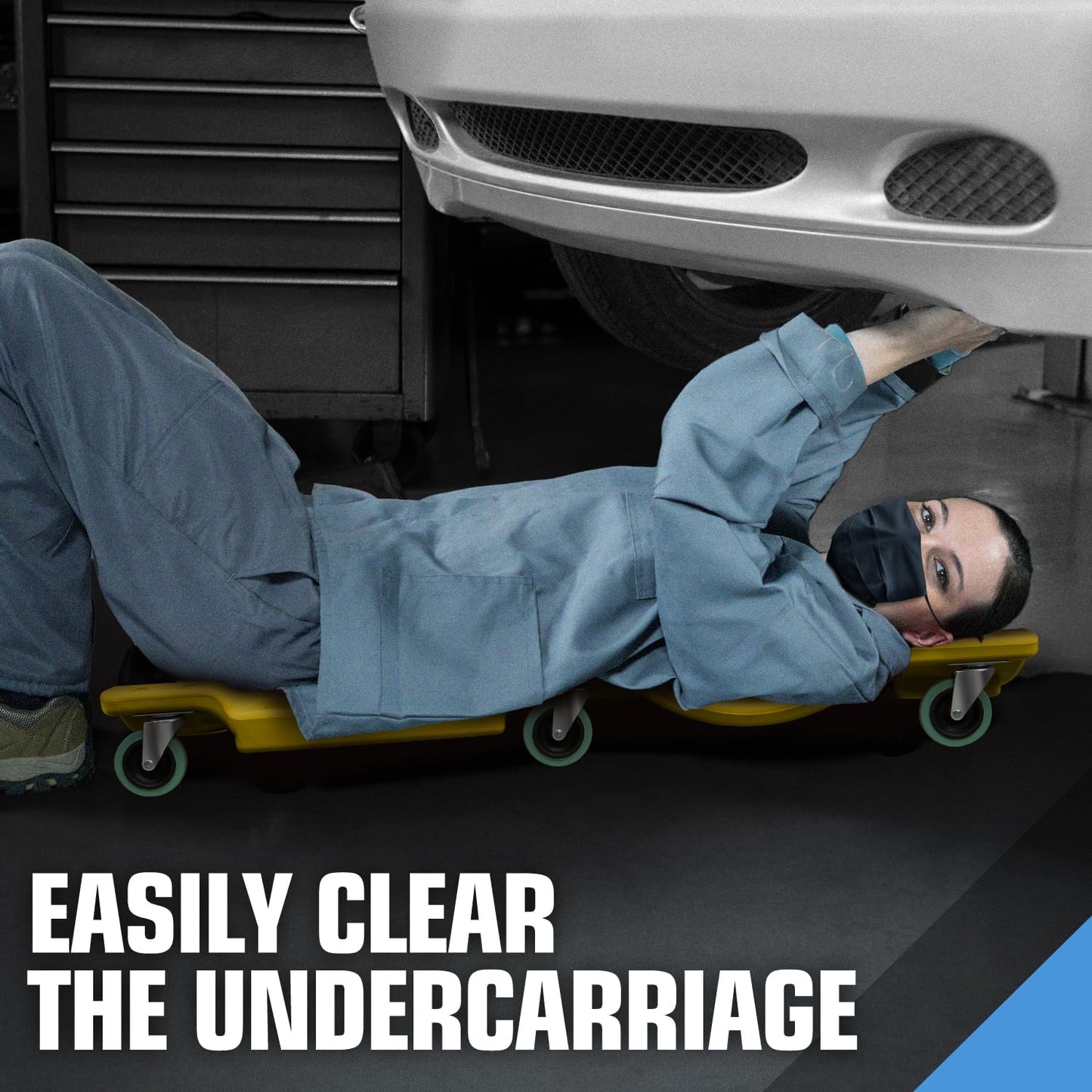 DNA MOTORING 40" L X 19" W Vehicle Repair Low Profile Plastic Rolling Garage Shop Creeper with Padded Headrest,Tool Trays & 6pcs Casters, Yellow, TOOLS-00217-YL