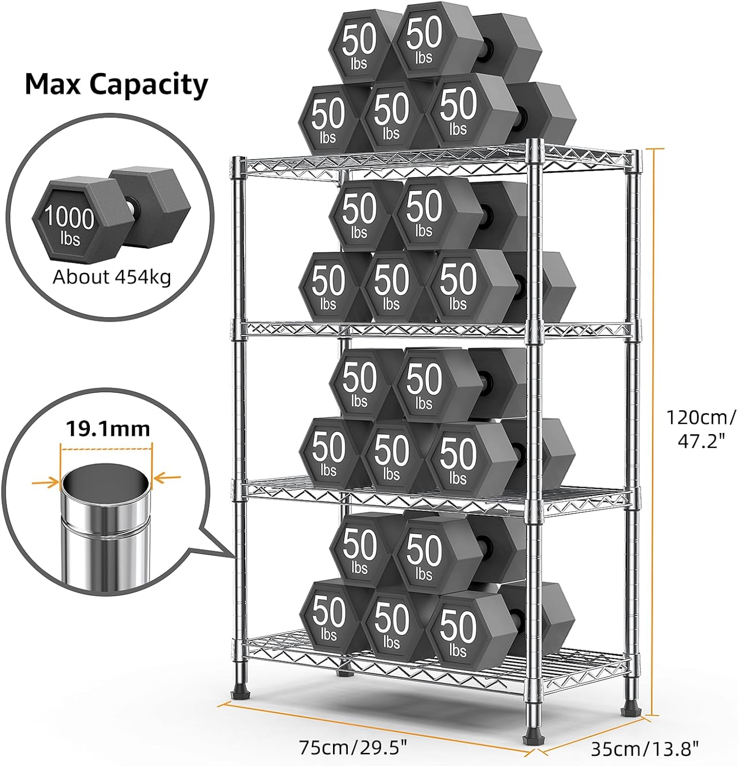 1000 lbs Storage Shelving Steel Heavy Duty 4-Tier Utility Shelving Unit Steel Organizer Wire Rack for Home,Kitchen,Office,Chrome (13.7" D x 29.5" W x 47.2" H)