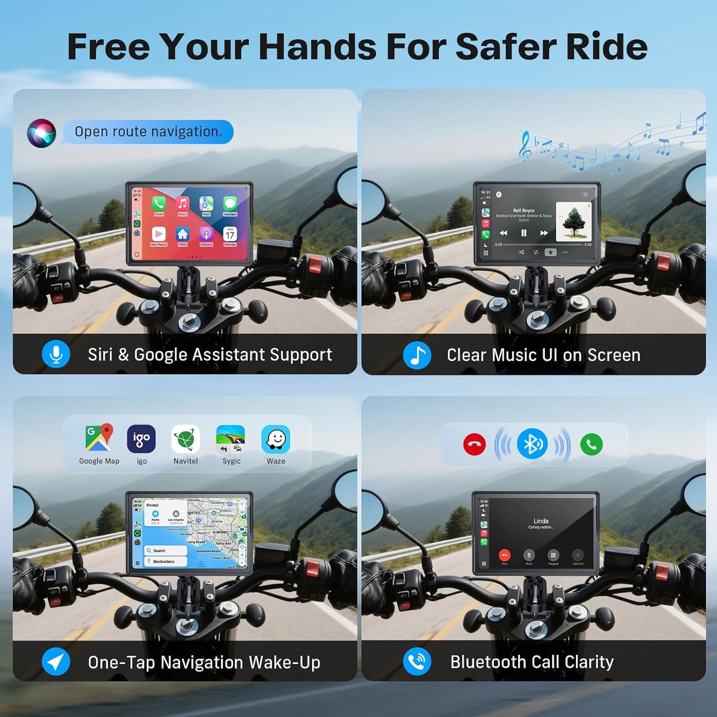 WonVon 5 Inch Motorcycle Carplay GPS Navigation System with Apple Carplay and Android Auto Portable Screen with Dual Bluetooth, Navigation, Siri, Google Assistant（Not Inchluded TPMS）
