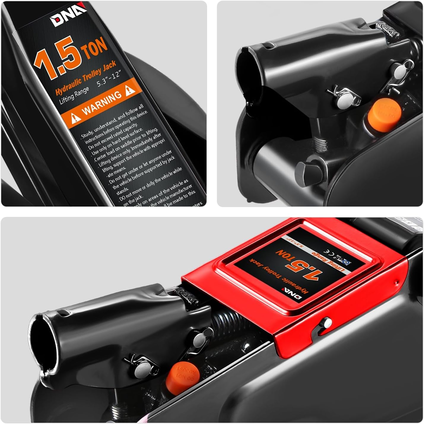 DNA MOTORING Low Profile Hydraulic Trolley Service/Floor Jack, 1.5 Ton (3000 lbs) Capacity, Lifting Range 5.3"-12", Black, TOOLS-00327-BK