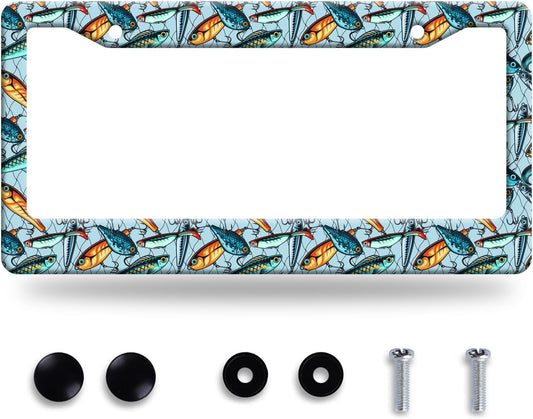 Fishing License Plate Frame Funny Fish License Plate Frames Stainless Steel Accessories Cars Decor with 2 Holes and Screws Fits Standard Us Ca Vehicles License Plate Holder 12.2 X 6 Inch