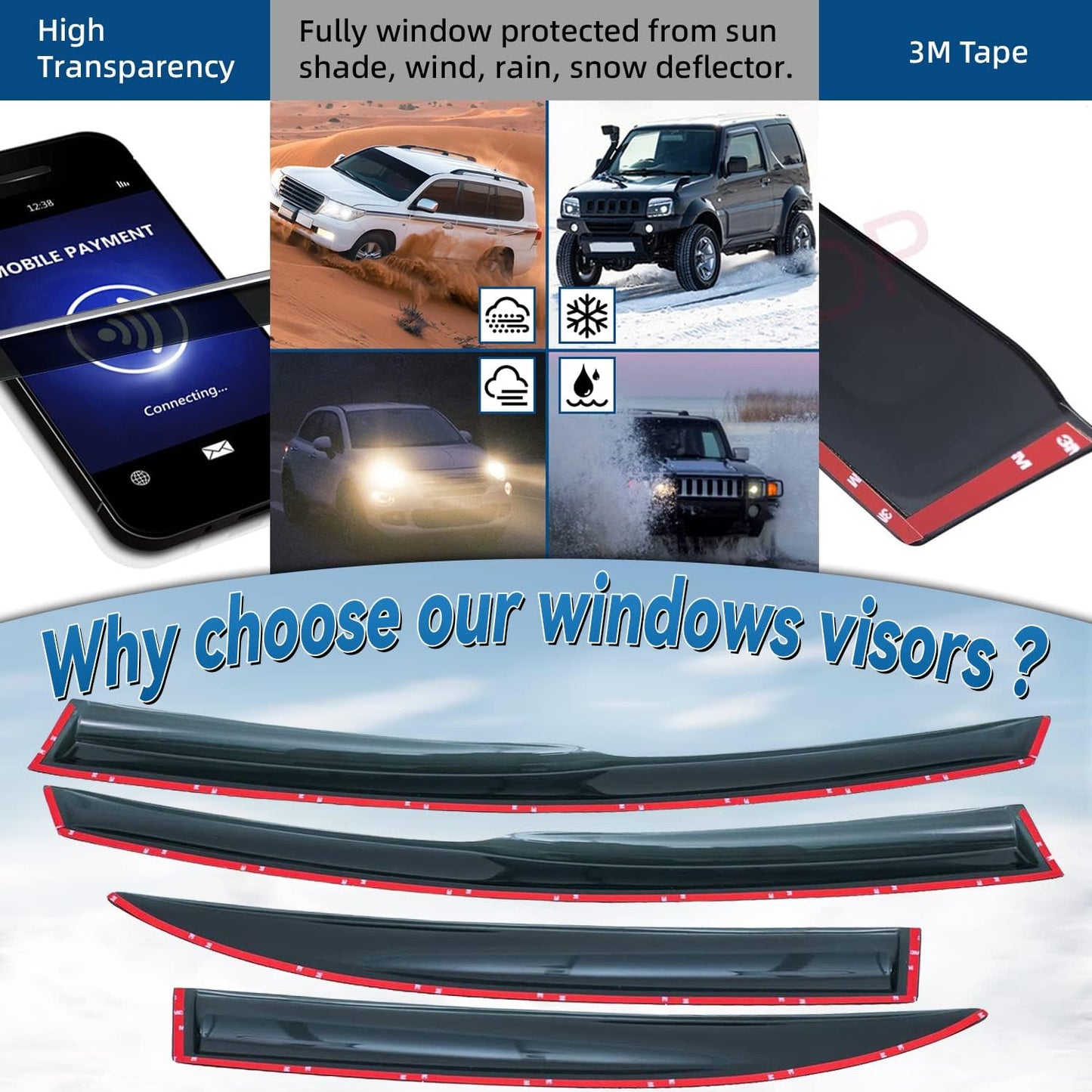 Set of 4 JDM 3D Wavy MU Style Front+Rear Smoke Sun/Rain Guard Outside Mount Tape-On Acrylic Window Visors Compatible with 06-11 Civic 4-Door Sedan