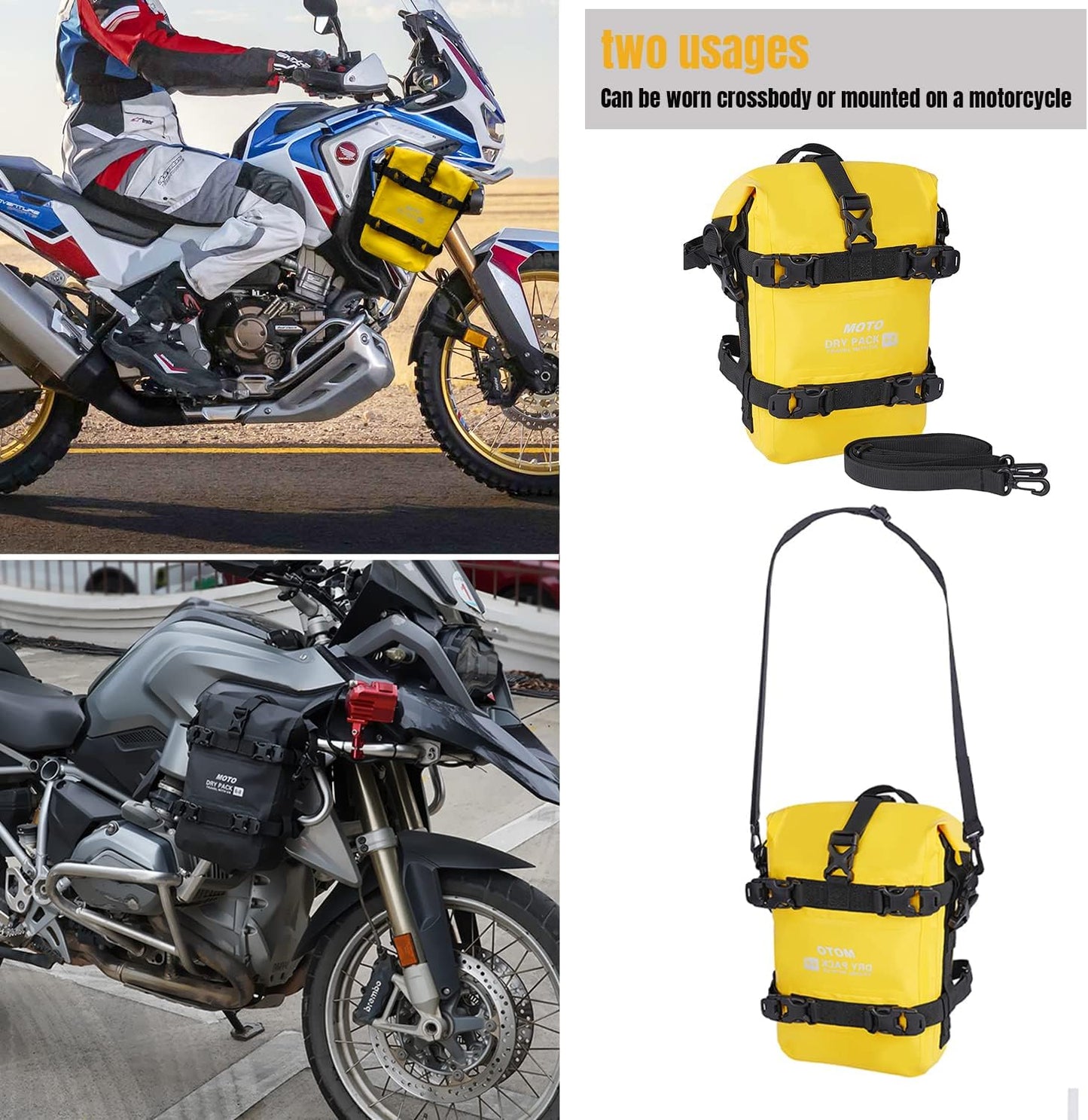 Motorcycle Tail Bag Front Bumper Bag, 8L Roll-top Waterproof Motor Saddle Panniers Luggage Bags for Bike Motorcy-Yellow