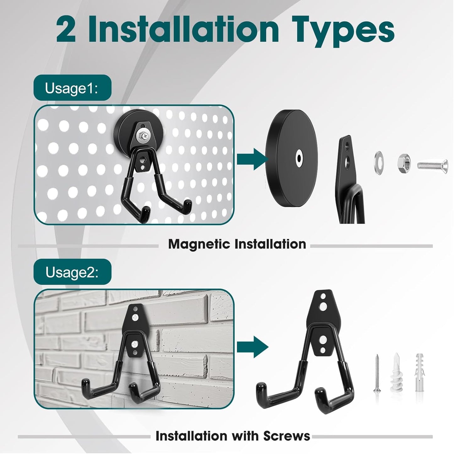 2 Pcs Storage Utility Magnets Hanging Hook with Anti-Slip Coating,Heavy Duty Strong Magnetic Garage Hooks, Magnetic Wreath Hanger for Metal Door Cabinet Pegboard Shelve Garden Tools(Black)