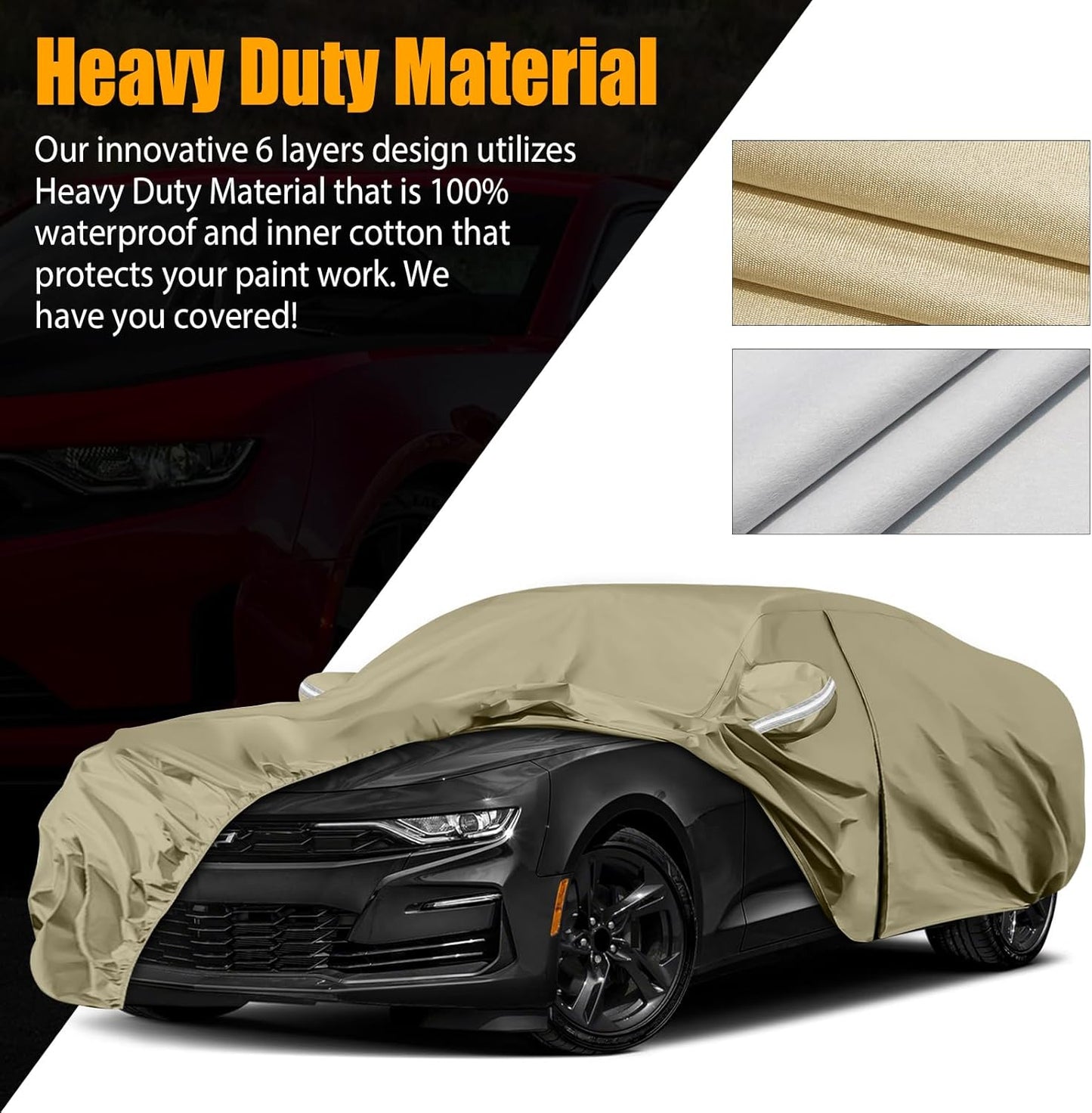 Waterproof Car Covers Replace for 2010-2025 Chevy Camaro, Multilayer Heavy Duty with Cotton Liner All Weather Custom-fit Car Cover with Zipper Door, Windproof Bands for Snow Rain Dust Protection