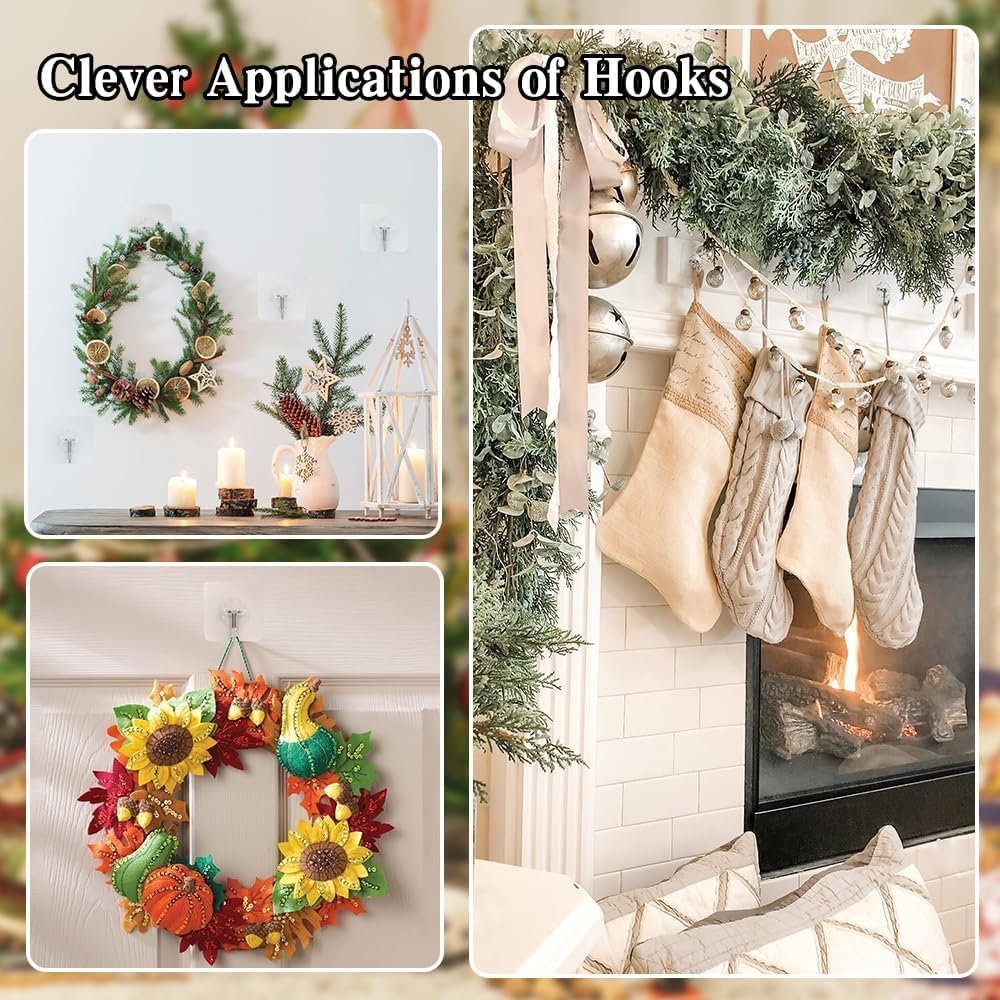 24 Pack Adhesive Hooks for Hanging - Heavy Duty, Wall Hooks for Hanging, Adhesive Wall Hook, No Damage, Waterproof, 33Ib Max, for Bathroom, Kitchen, Towel, Coat, Key