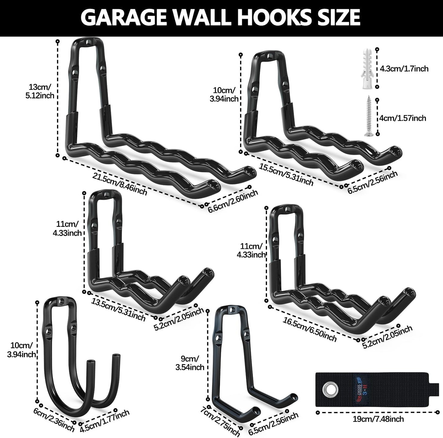 3-H Heavy Duty Garage Hooks 14 Pack, One-Piece Construction Garage Wall Hooks, Garage Hanger & Organizer Wall Mount for Ladders, Bikes, Chairs, WeedEaters, Shovels, Garden Tools (Black)