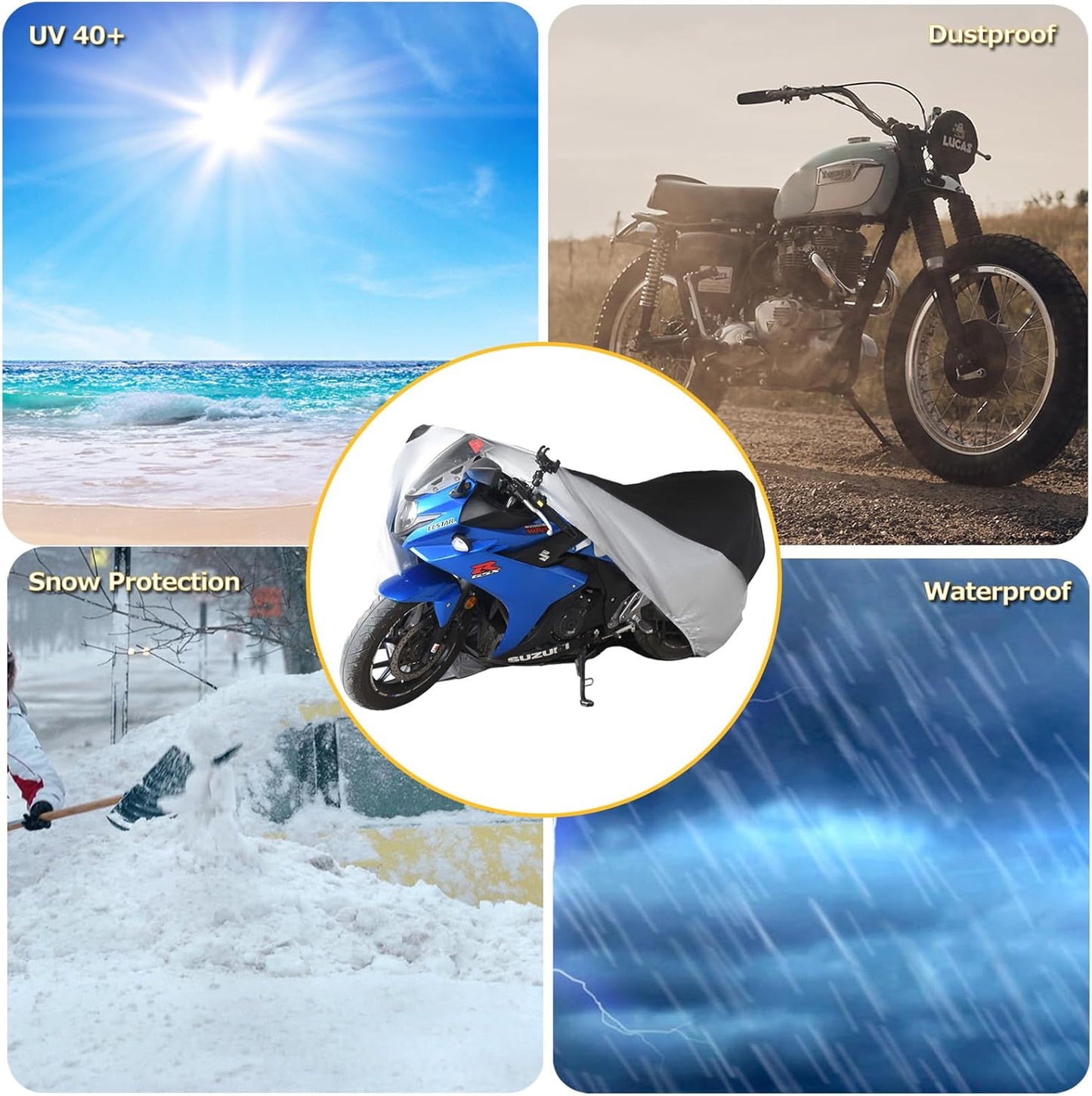 210D Motorcycle Cover All Season Waterproof Breathable Sun Outdoor Protection Three Reflective Tape with Lock-Holes & Storage Bag Bike Scooter Cover Universal (Silver and Black, 96.6''*41''*50'')