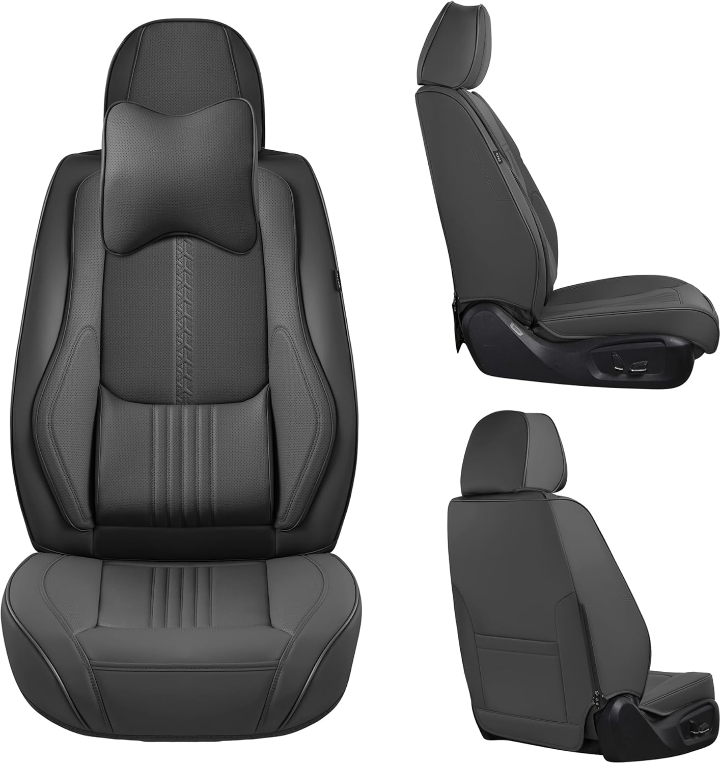 Front Seat Covers, 2 Pieces Universal Seat Covers for Cars, Waterproof Leather Auto Seat Protectors with Head Pillow, Car Seat Cushions Fit for Most Sedans SUV Pick-up Truck, Gray