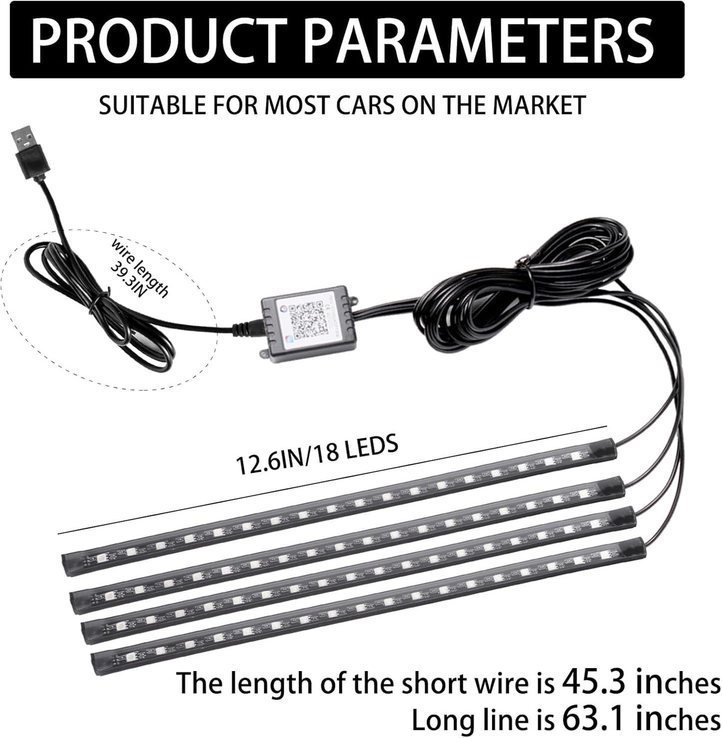 Smart USB Interior Car LED Strip Light with App Control,RGB Neon Atmosphere Lights, USB 5V Ambient Night Light Decorative Lamp, Multi Color Strip Light for Cars with Music and DIY Mode (RGB 72LEDs)