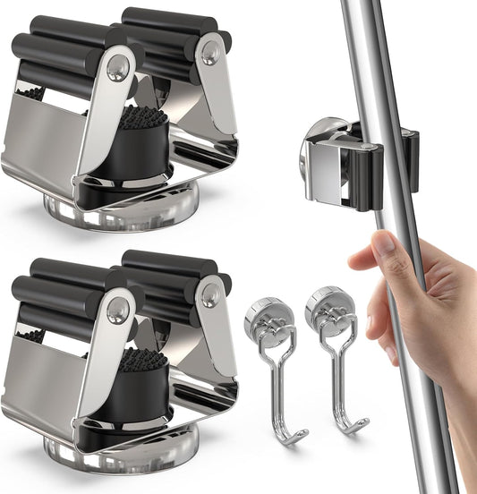 3-H Magnetic Broom Holder with Strong Magnetic Hook 4 Pack,Broom Holder Wall Mount for Garage Garden Shed Storage System Laundry Room Home Kitchen Organization