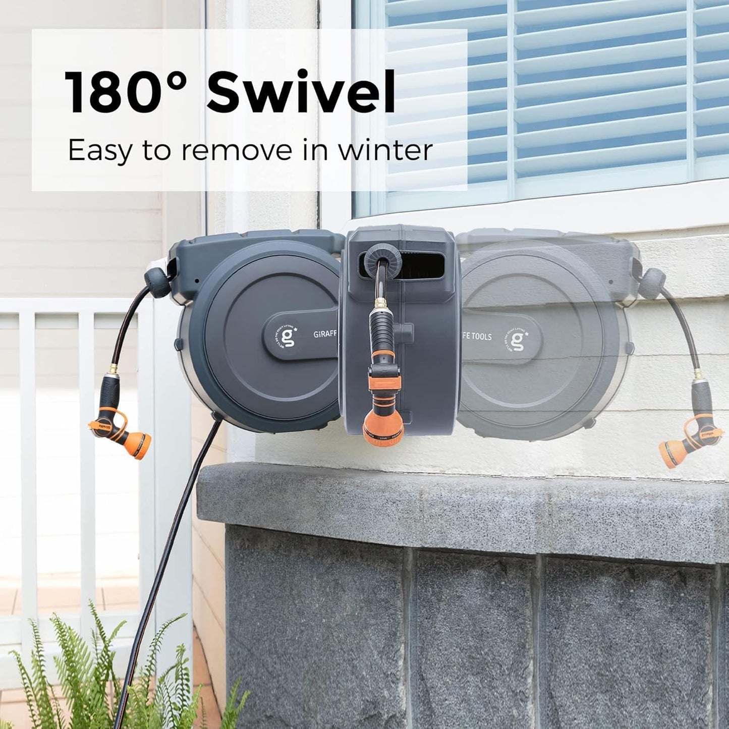 Giraffe Tools AW40 Retractable Hose Reel 5/8" x 90 ft Wall Mounted Garden Hose Reel Heavy Duty, Automatic Rewind, 180 Deg Swivel, Any Length Lock, 9 Pattern Nozzle, 90 ft, Dark Grey