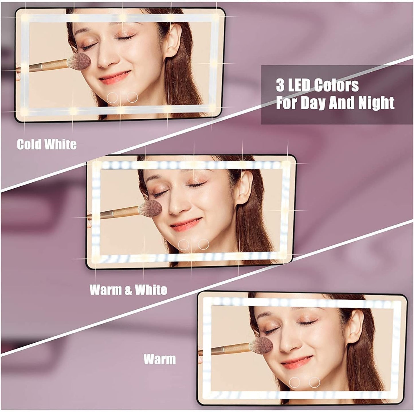 Car Vanity Mirror, with 3 Light Modes & 60 LEDs - Rechargeable Dimmable Clip-on Rear View Sun-Shading Cosmetic Makeup Mirror, Universal for Car SUV (Pink, 1 Pack)