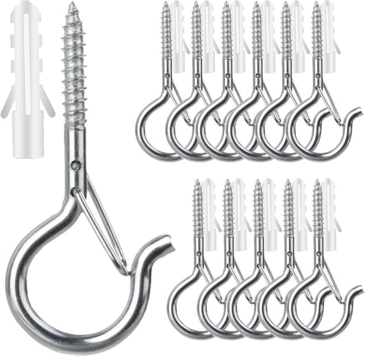12 PCS Q-Hanger Hooks, Screw Hooks for Outdoor String Lights, Safety Buckle Design Cup Eye Hook for Hanging Christmas Lights, Plants, Wind Chimes, Mounted on Wall Ceiling, Windproof, Silver