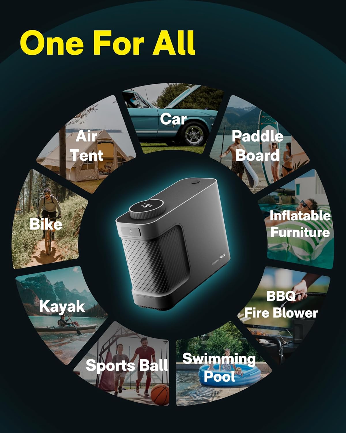 HOTO Air Pump Master, Portable Cordless Tire Inflator, Electric Air Pump with 9 Pump Modes, 12V DC Car Connector for Car, Bikes, Inflatable Pool Float, Air Mattress, Kayak, Tent, Paddle Board, Sup