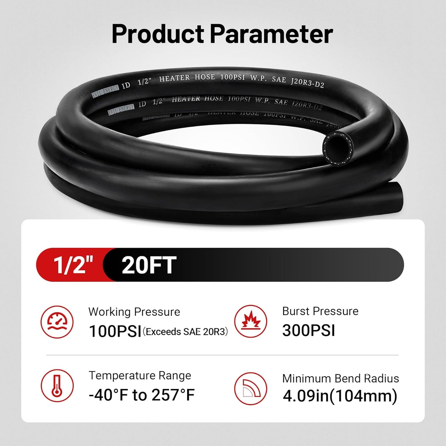 EVIL ENERGY 1/2" Heater Hose Coolant Radiator Straight 100PSI SAE 20R3 20FT Black