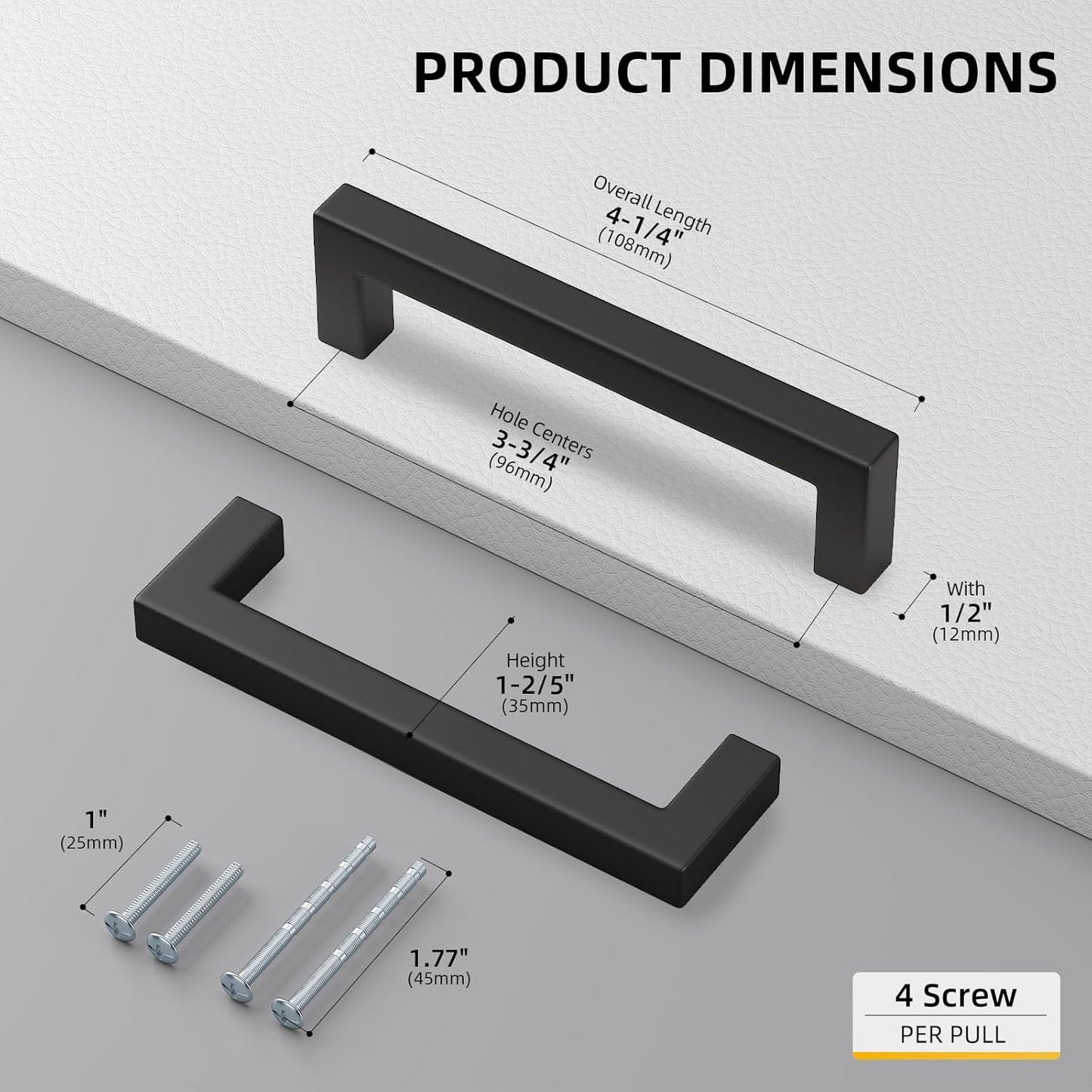 goldenwarm 100 Pack 3 3/4 Inch Black Cabinet Handles Matte Black Drawer Pulls Stainless Steel Cabinet Hardware Square Bar Modern Cabinet Handle for Kitchen Bathroom Cupboard