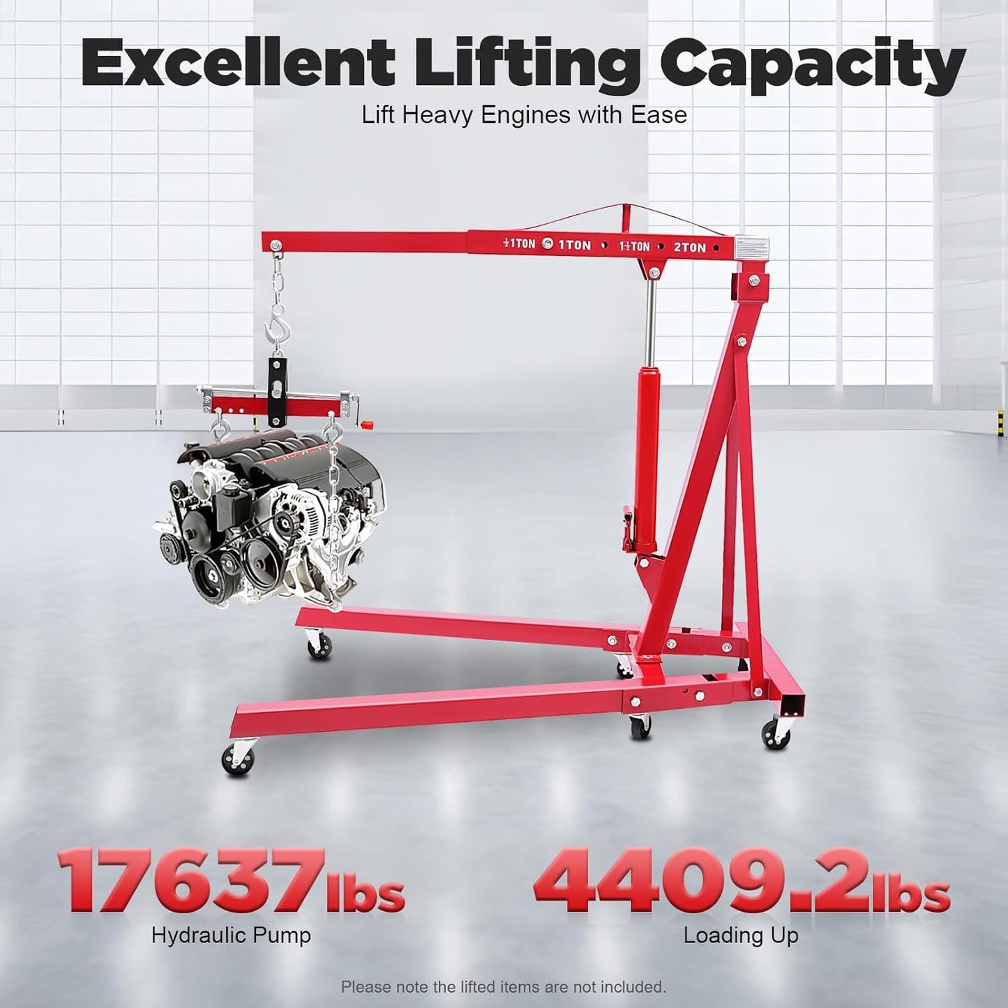 Folding Engine Crane 2 Ton Folding Engine Hoist with Engine Leveler 4400lbs Hydraulic Crane with 6 Iron Caster Wheels for Garage, Workshop (Red)