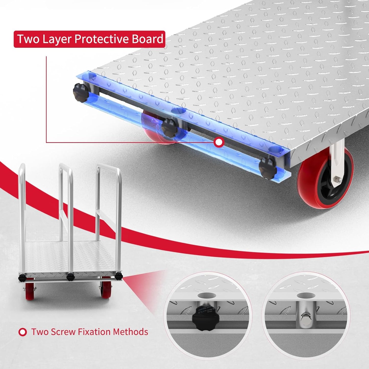 2IN1 Steel Panel Truck Cart, Lumber Cart Drywall Dolly，2500LBS Heavy Duty Flatbed Cart Dolly with 6" Swivel Brake Wheels, 40x24INCH 2MM Plate Platform Truck with 1Front and 3Side Handrails