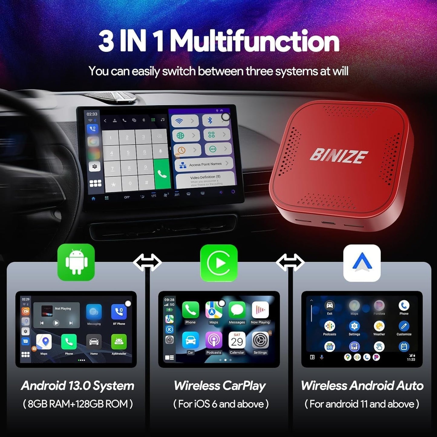 Binize Carplay Ai Box Android 13 AndroidAuto AI Box Wireless Carplay AndroidAuto Built-in Navigation, Support Video APPS etc. Support Car with OEM Wired CarPlay/Android Auto (Red 8G+128G)