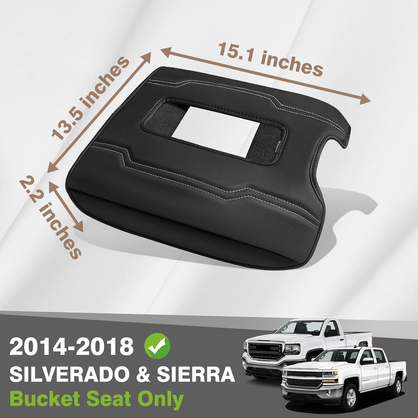 Muslogy Center Console Armrest Cover Compatible with Chevy Silverado & GMC Sierra 1500 2500 3500 2014-2018 Comfort Armrest Pad Arm Rest Cushion Vegan Leather Protector Regular Thick(Bucket Seat ONLY)