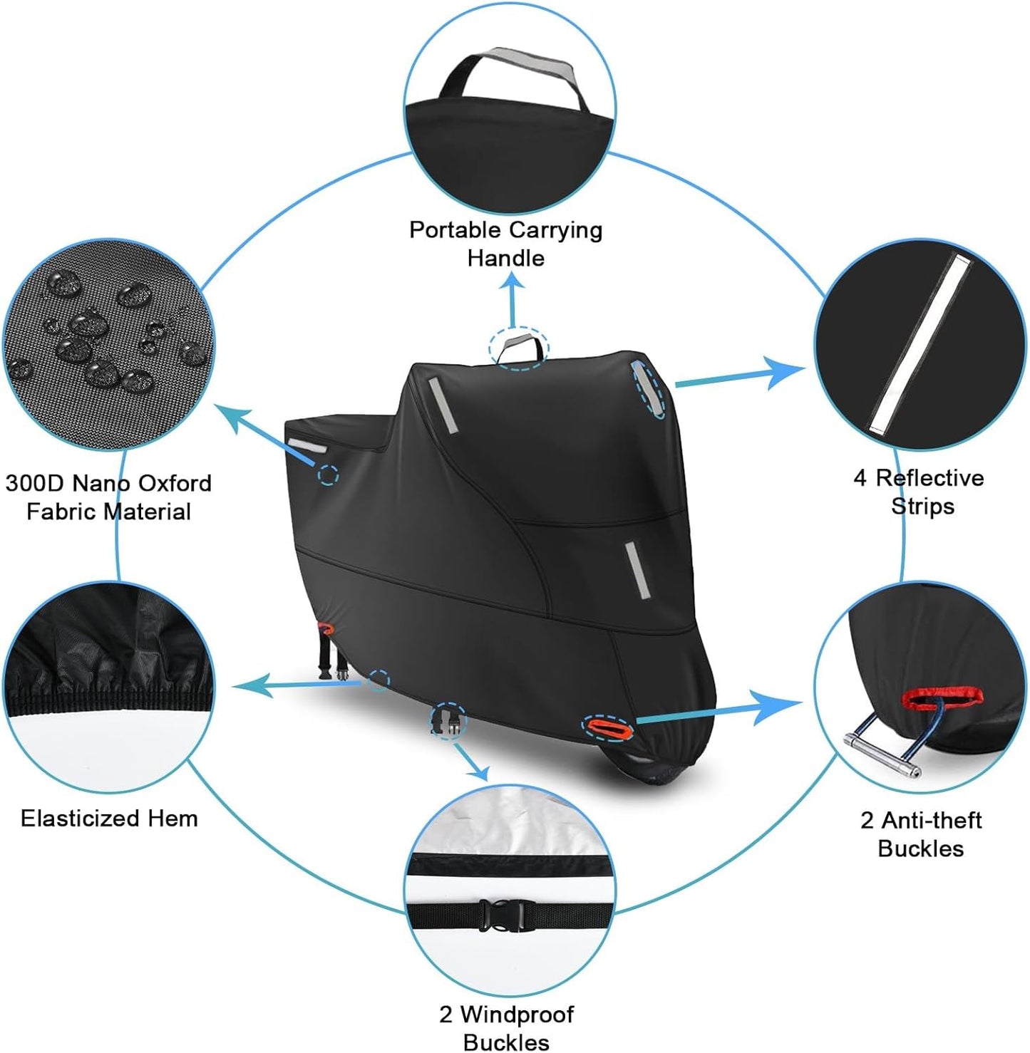 Moped Cover Waterproof Outdoor, Motorbike Scooter Cover Sun Rain Dust Protection with 5 Reflective Strips and 2 Fixed Buckles, 2 Lock-Holes for Motorcycles Cruisers Sportbikes (M: 79 x 35 x 39 inch)