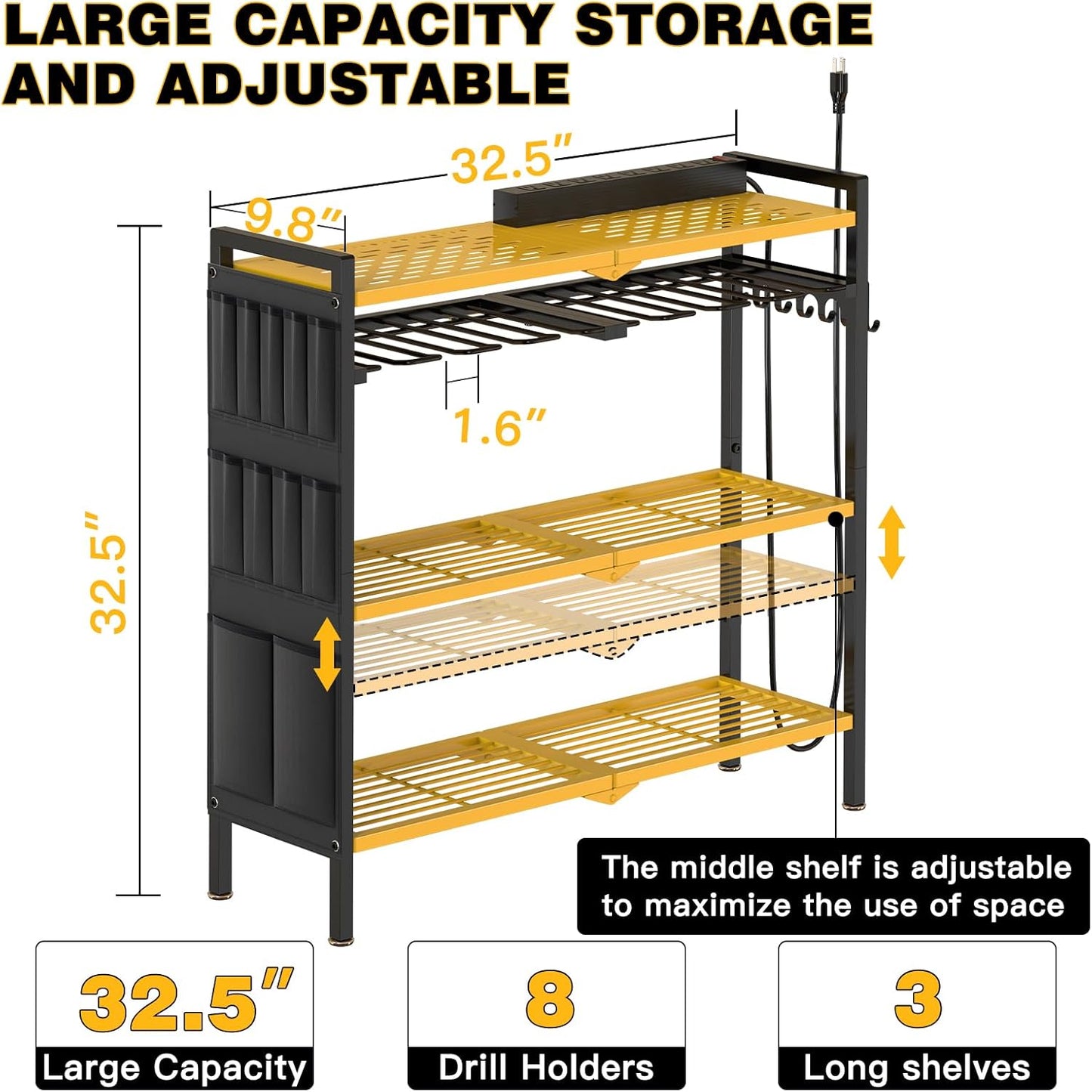 Large Power Tool Organizer Cart with Charging Station 8 Drill Holder Garage Storage Standing Heavy Duty and Stability Storage Rack Utility Tool Shelf (Yellow)