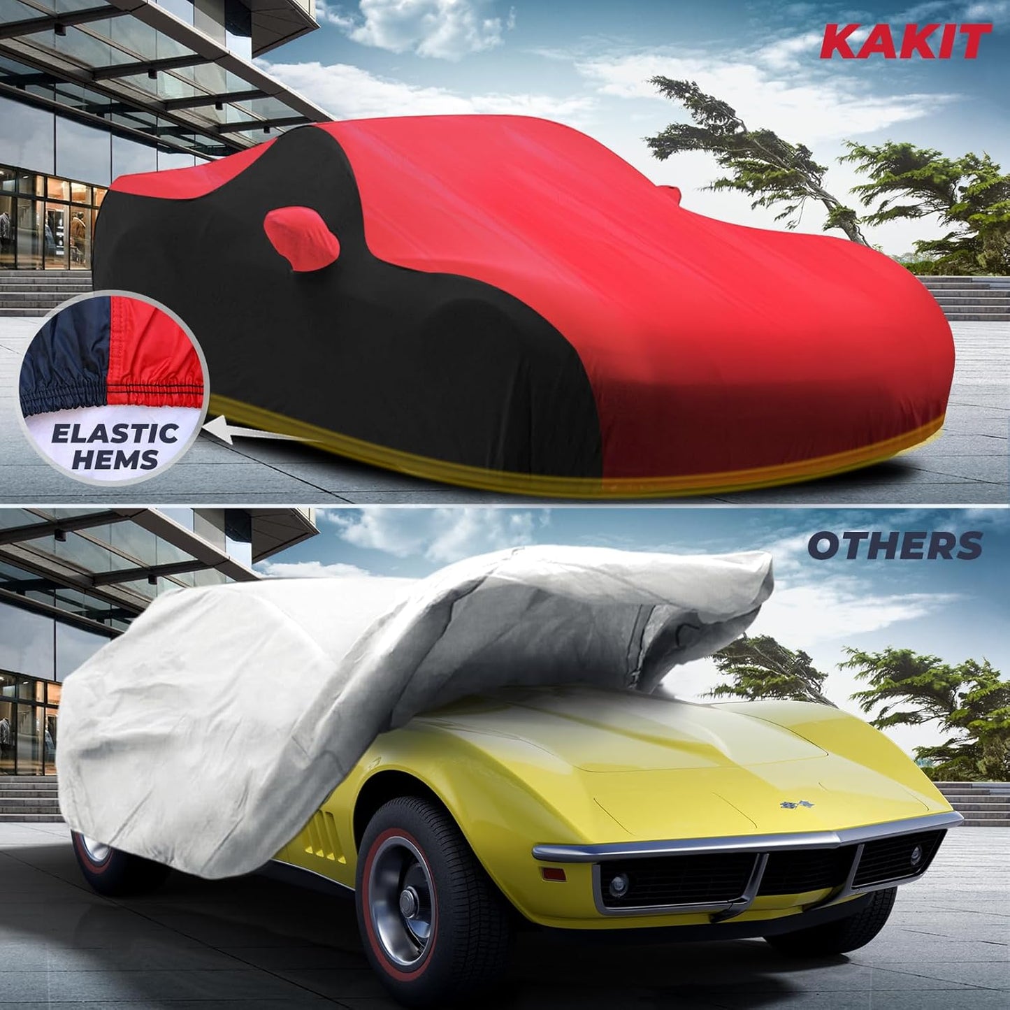 KAKIT Waterproof Car Cover Custom Fit for 1968-1982 C3 Stingray, UV Resistant Fade-Proof Cover for Chevy Corvette, Indoor & Outdoor Use (Red & Black Combo)