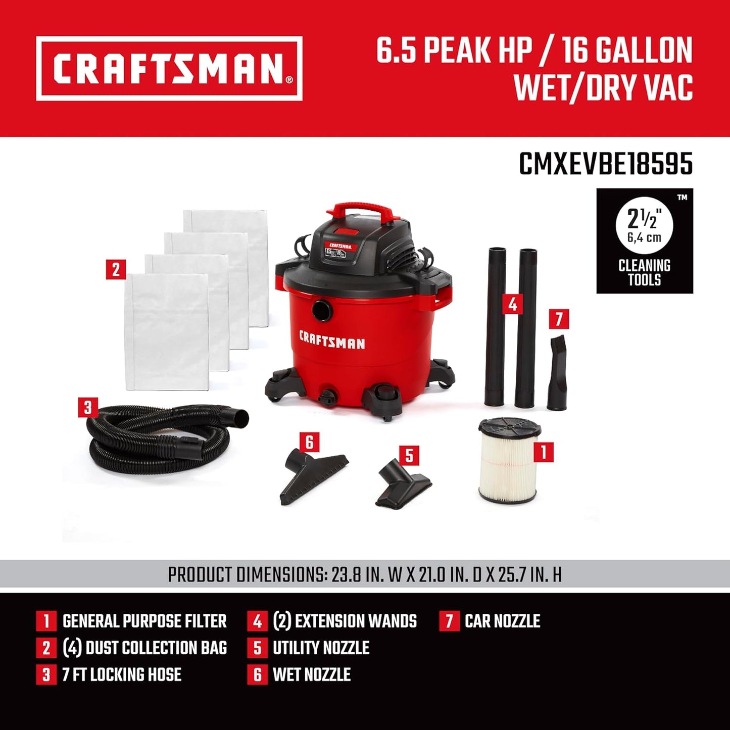 CRAFTSMAN CMXEVBE18595 16 Gallon 6.5 Peak HP Wet Dry Vac, Heavy-Duty Shop Vacuum Wet and Dry with Filter, 4 Dust Bags, Hose and Attachments for Home Projects & Renovations