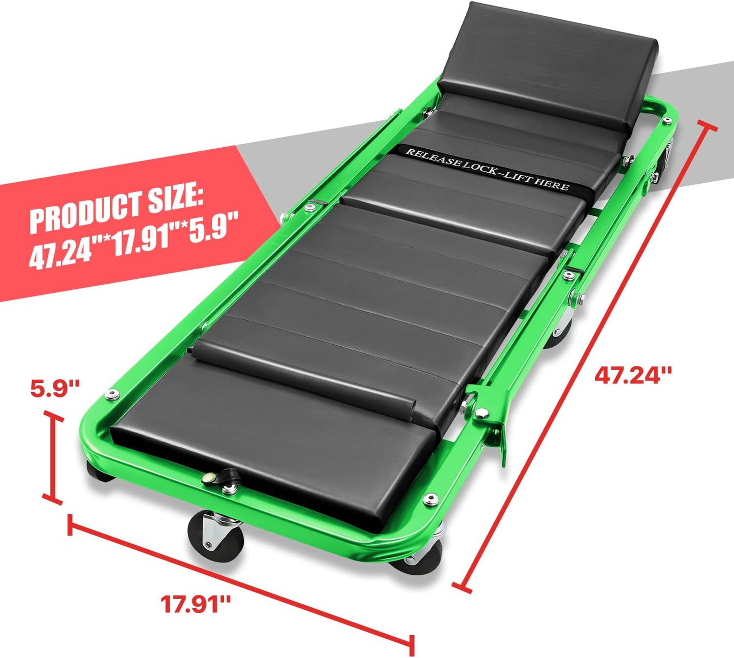 DNA MOTORING 48" 2 IN 1 Folding Rolling Garage Shop Creeper Roller Seat, 7 Pcs 2" Casters, 350 Lbs Weight Capacity, Green, TOOLS-00193-GR