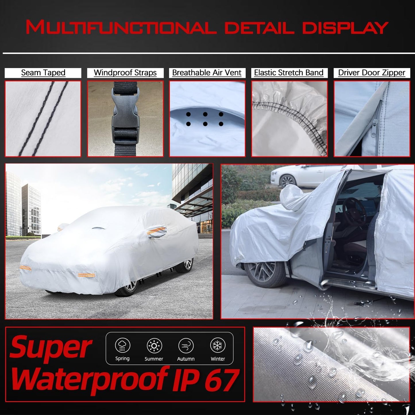 30 Layers Heavy Duty Car Cover for Automobiles All Weather Waterproof, Outdoor Snowproof UV Protection Windproof, Door Zipper, Soft Cotton Universal Car Covers (Silver, Fit Sedans 181"-190")