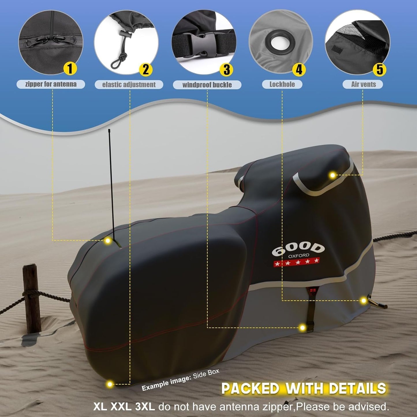 Rosefray Motorcycle Cover 600D Heavy Duty All Season Universal Weather Waterproof Sun Outdoor Protection Durable Night Reflective& 96" XXL Vehicle Cover/Gray