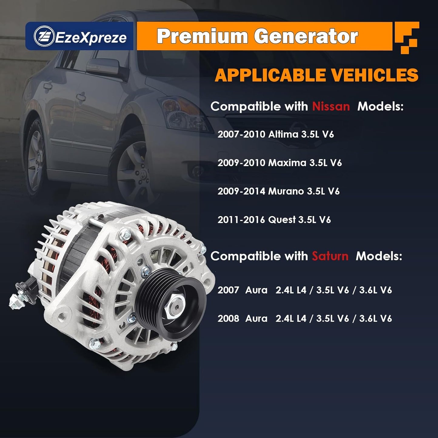 Ezexpreze Alternator fit 2007 2008 2009 2010 Nissan Altima, 2009 2010 for Nissan Maxima, 2009-2014 for Nissan Murano, 2011-2017 Nissan Quest OE Replacement 11341 11557