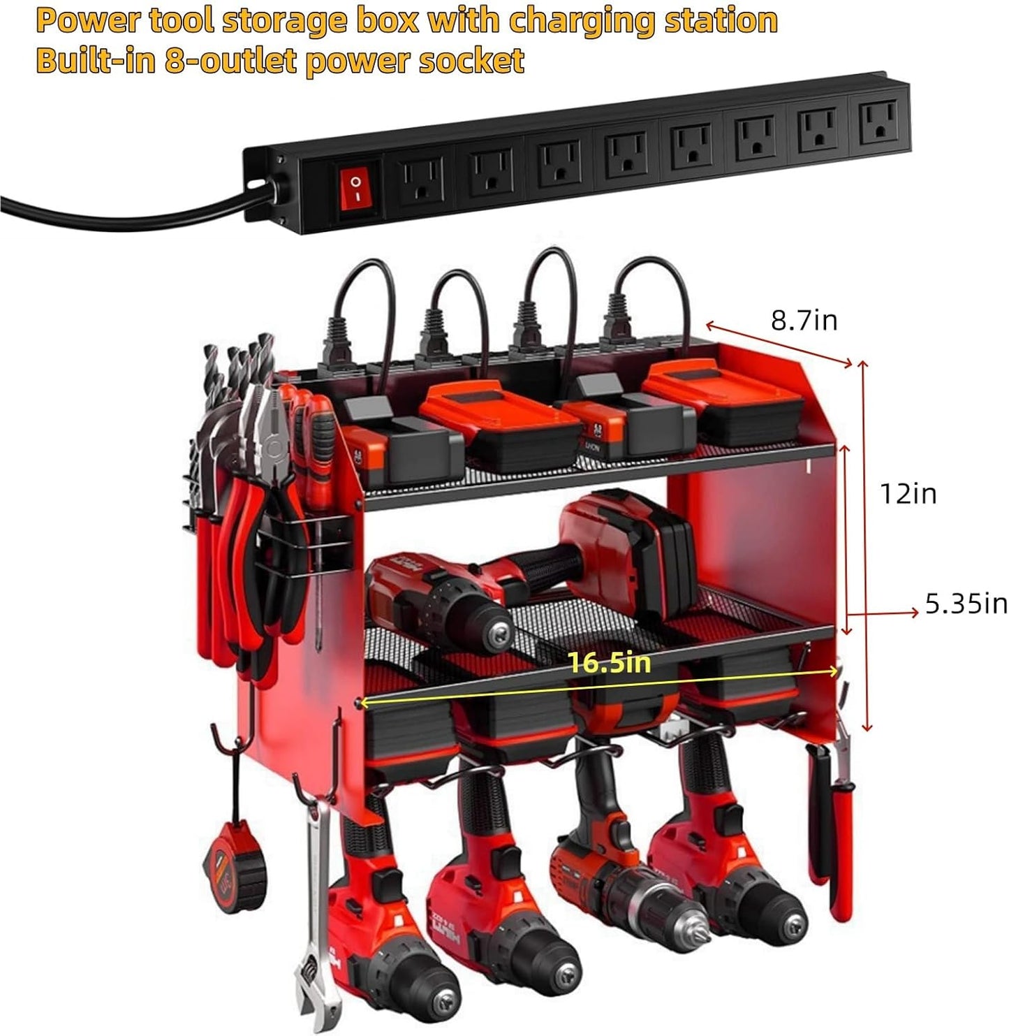 Power Tool Storage Rack, Garage Wall Mount Tool Rack, 4 Drill Bit Holders with Hooks, Screwdriver, Drill Bit Heavy Duty Holder, Tool Battery Holder, Built-in 8-Outlet Power Strip
