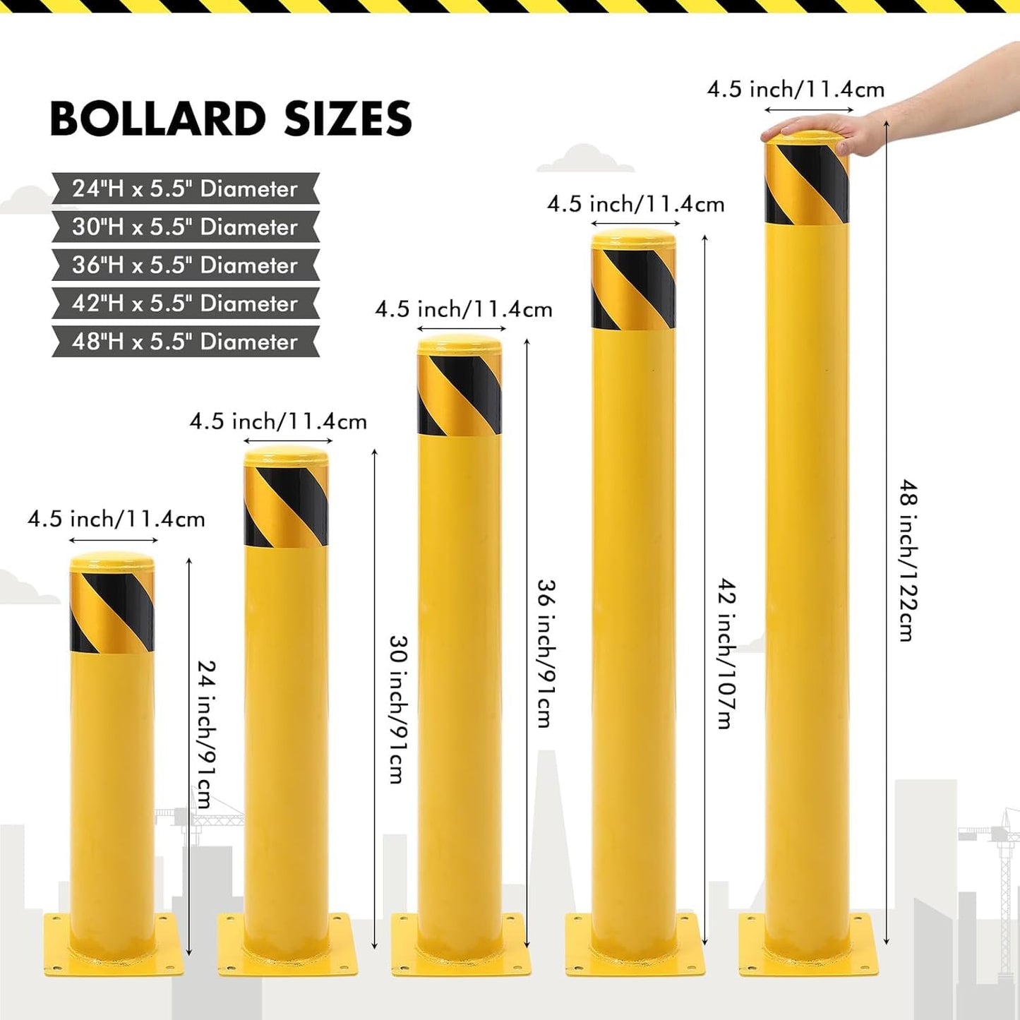 2 Pack Safety Bollard Post, 42 Inch Height 4.5 Inch Diameter Yellow Pipe Safety Steel Bollards with Anchor Bolts and Wrench, Steel Bollards for Road Warning Construction Public Place Traffic Control
