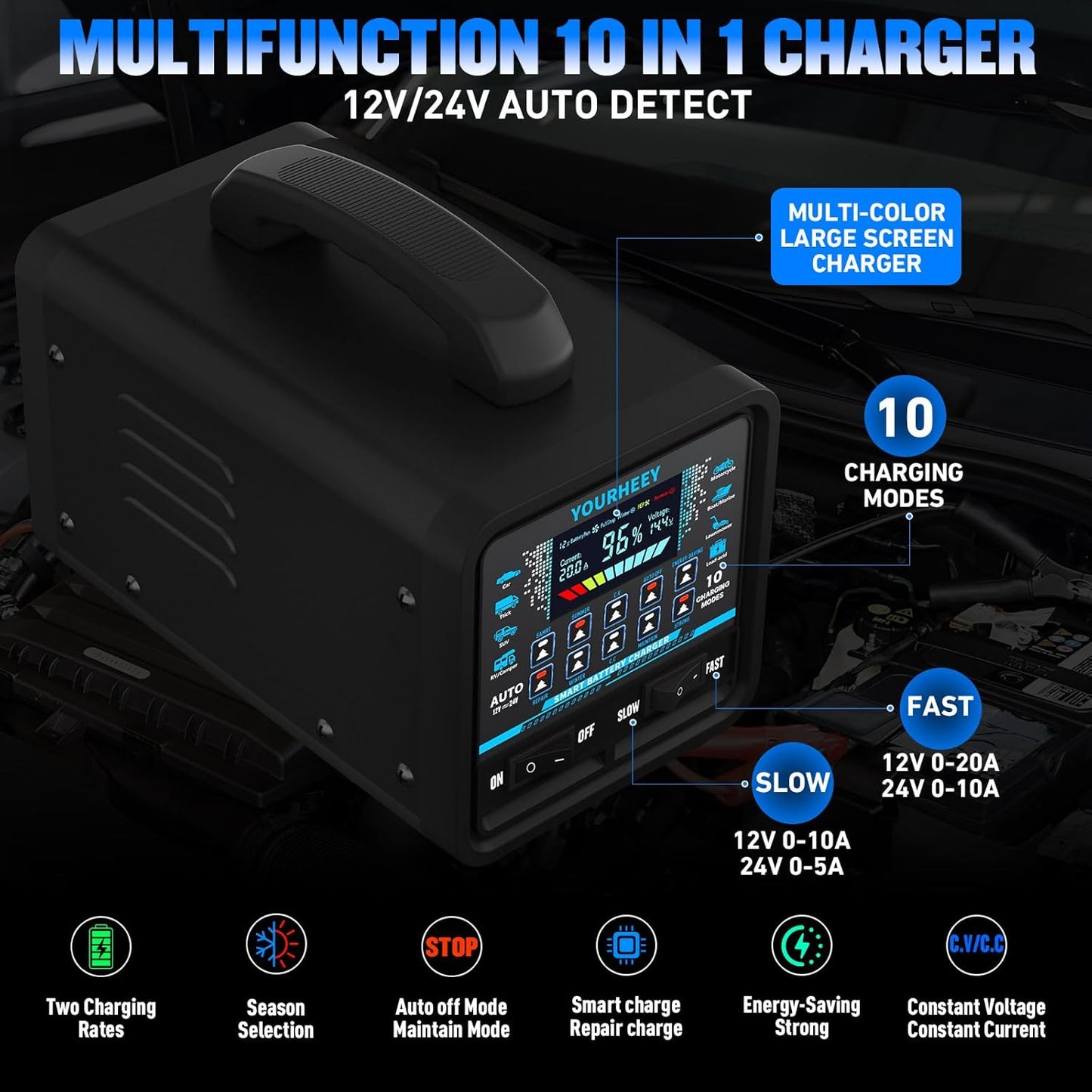 12V/24V 0-20A Heavy Duty Battery Charger/Maintainer with Auto Shutoff, Repair & Winter Mode, 10 Modes & Color Screen for Car, Truck, Motorcycle, RV, Boat, Lawn Mower, cargador de batería de carro