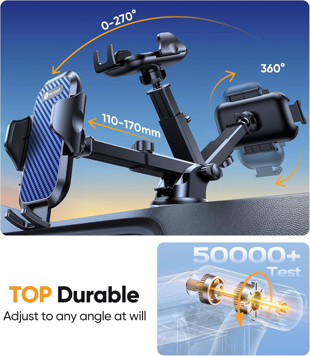 VICSEED Dark Blue Phone Holders for Your Car [Upgraded True Military-Grade Strongest Suction] Cell Phone Mount for Car Dashboard Windshield Vent Truck Boat Stand Adjustable for iPhone Android