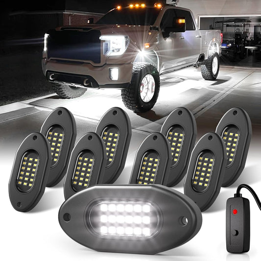 Honalia White LED Rock Lights Kits 8 Pods, 6000K Pure White Rock Lights with Switch