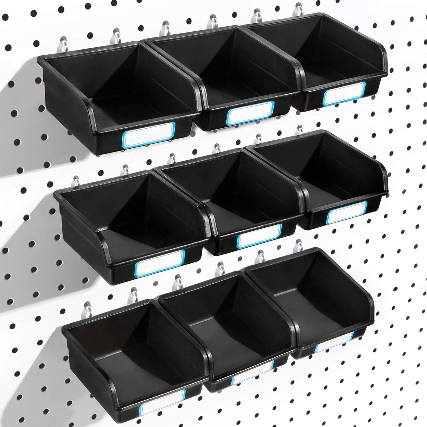FRIMOONY Pegboard Bins with Hooks and Labels, for Organizing Accessories, 10 Packs, Black