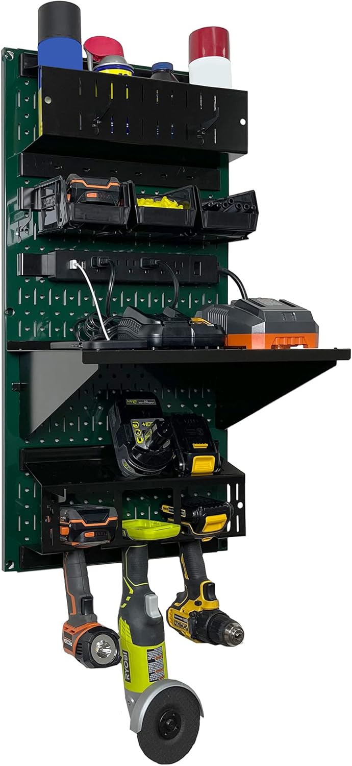 Wall Control Power Tool Storage Organizer Kit Cordless Drill Holder Charging Station Rack 16” x 32” Metal Pegboard Organization System (Green Pegboard)