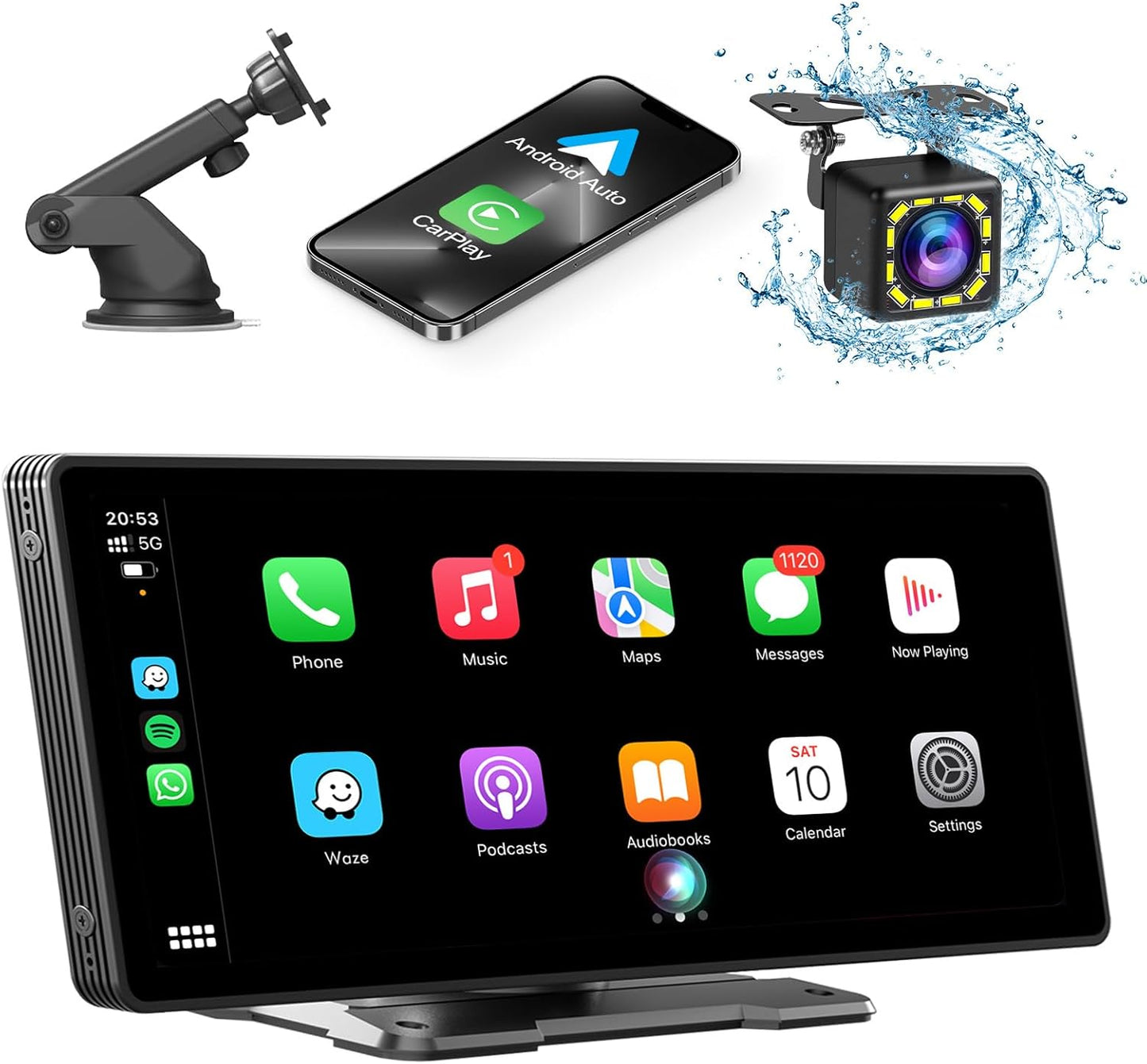 10.26" Wireless CarPlay Screen for Car,Wireless Apple CarPlay & Android Auto,Portable Car Stereo with GPS Navigation,Backup Camera,Bluetooth,Mirror Link,Drive Play,Touch Screen for All Vehicles