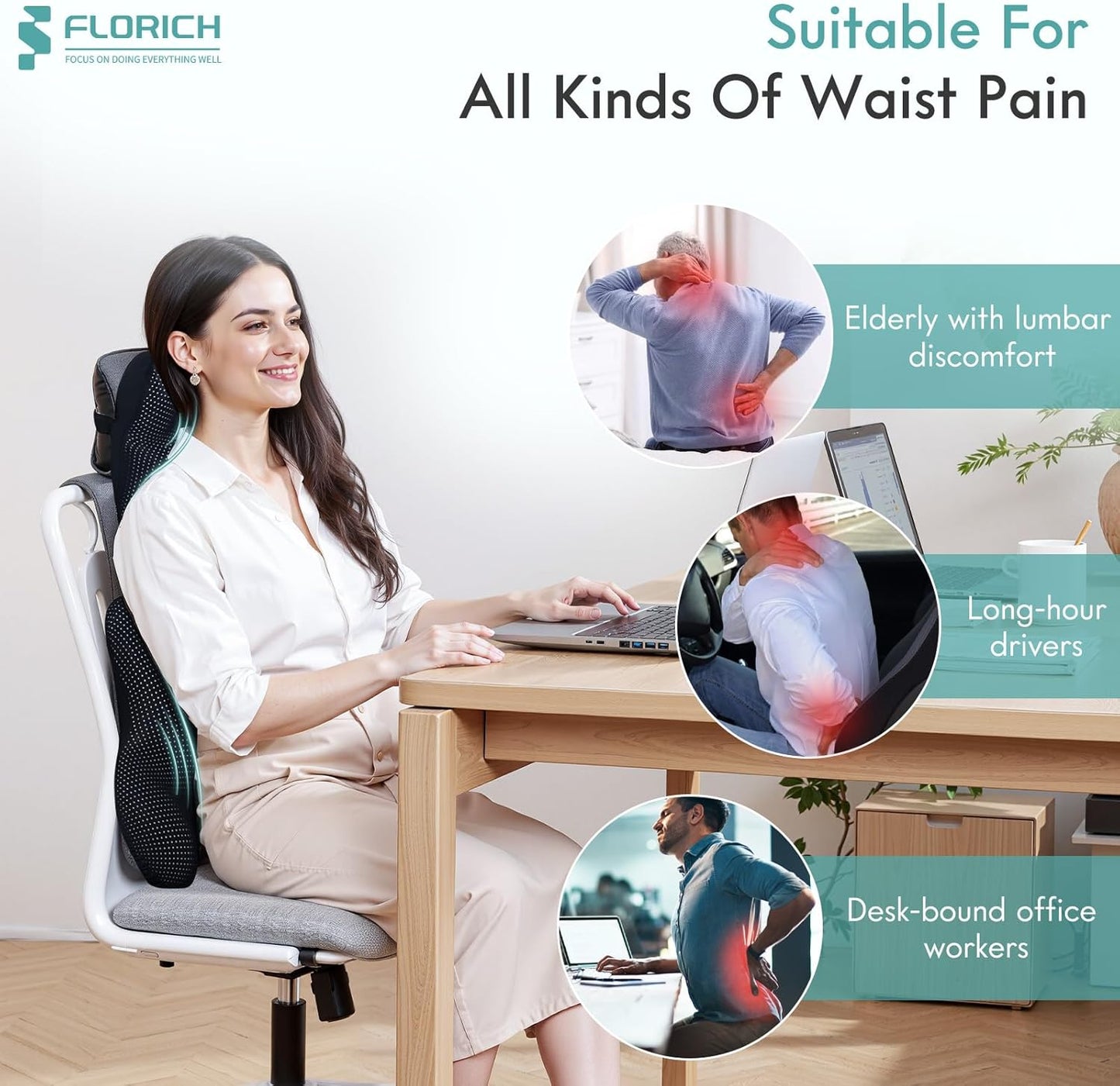 FLORICH Lumbar Support Pillow and Neck Headrest Pillow for Office Chair Car, Ergonomic Memory Foam, Relieves Neck, Back Pain, Pressure-Relieving Back Support for Car, Office Chair & Wheelchair – Black