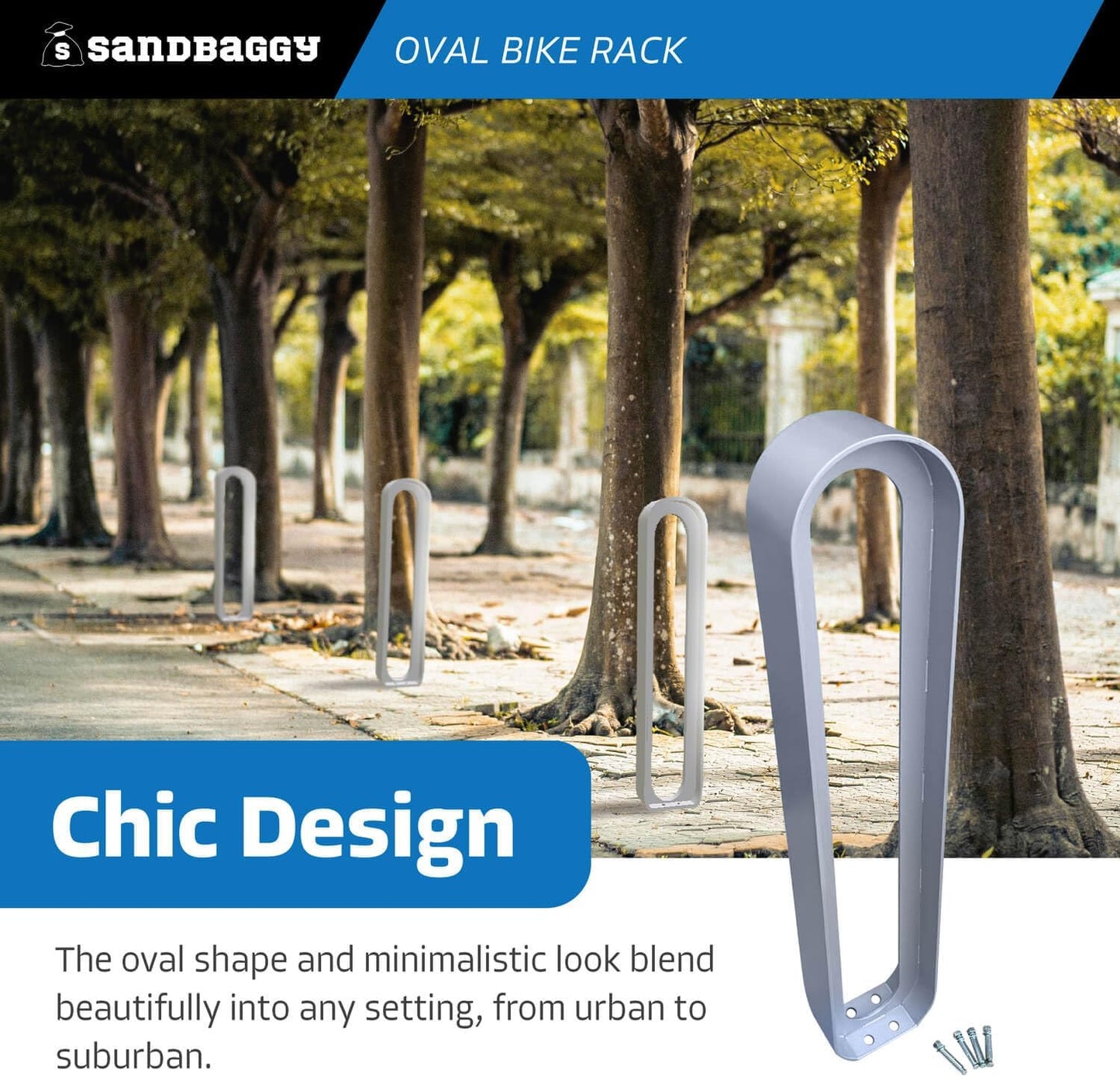 Sandbaggy Modern Commercial Bike Rack | 6.5” x 3” x 35” Oval Design | In-Ground | Anchor Bolts Included (Blue, 2)