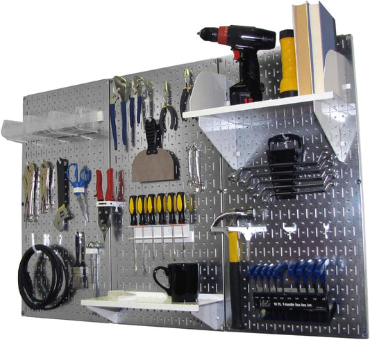 Wall Control Pegboard Organizer 4 ft. Metal Pegboard Standard Tool Storage Kit with Galvanized Toolboard and White Accessories