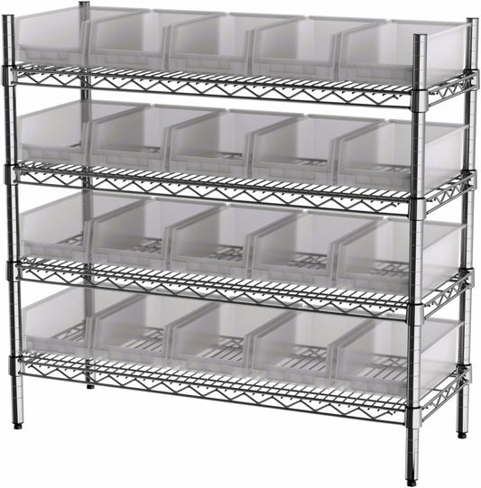 Hudson Exchange 36x14x33, 4-Tier (20 Bins Included), Industrial Wire Shelving Unit with Storage Shelf Bins, Chrome Rack (Clear)