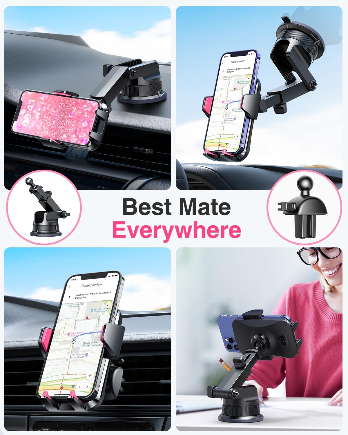 VANMASS [2024 Upgrade Phone Holders for Your Car [Super Suction Cup] Cell Phone Mount Car Dashboard Window Vent Desk Fit for iPhone 15 Pro Max 14 13 Universal Handsfree Automobile Vehicle Cradle，Pink