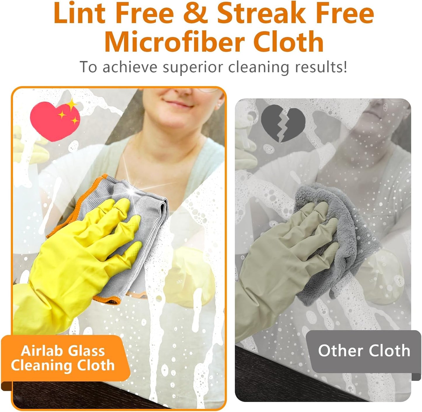 Glass Polishing Cloth Streak Free Miracle Microfiber Cleaning Cloth Lint Free Cleaning Rags for Glasses Kitchen Dish Mirrors Easy Clean, Pack of 6, 12" x 12", Sliver-Orange