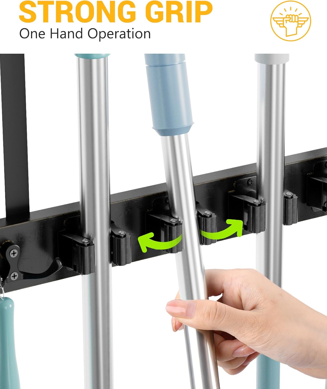 Lorbro Broom Holder Door Mount, Over the Door Broom and Mop Holder with 2 Over Door Hooks, Wood Broom Hanger, Tool Rack Organizer for Laundry, Garage, Closet, Kitchen Decor, 4 Slots & 4 Hooks Rustic